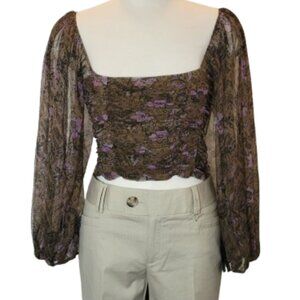 'New' Free People Rushed Crop Top  Fitted Knit Olive/Purple Longe SL Size XL